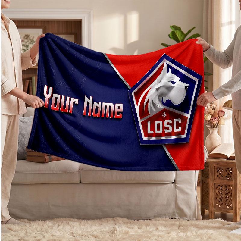 LOSC Lille FC Personalized Fleece Blanket With Football Logo, Custom Name Text Soft Warm Home Throw Blanket