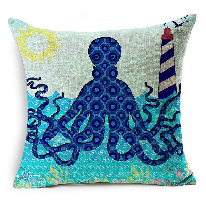 Exquisite 18" Blue Sea Animal Cotton Linen Cushion Cover For Stylish Living Spaces
