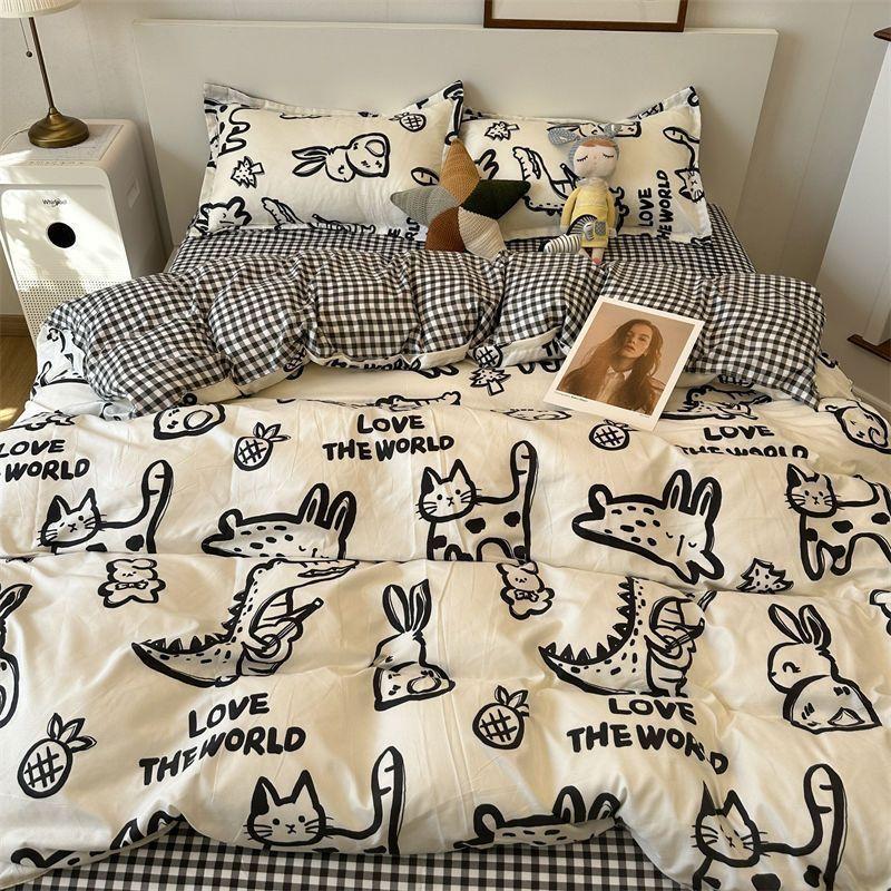 European Check Print Non Fading Bed Sets Simple Washed Cotton Stain Resistant Bedding Set Twin Full Queen King Size Bedclothes