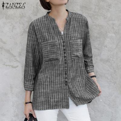Women Casual V-neck 3/4 Sleeve Summer Loose Stripe Blouse