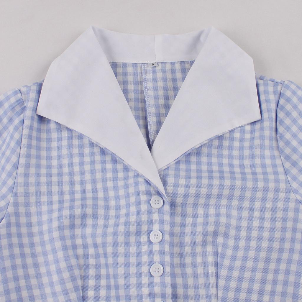 GMXIA Women's Hepburn Style Contrast Color Lapel Vintage Slim Lace-up Plaid Swing Mid-length Dress