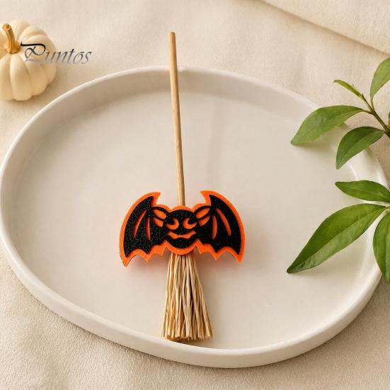 Decorative Straw Broom Props Halloween Mini Broomstick Ornament, Witch Pumpkin Bat Ghost Decor with Natural Grass Double-layer Glitter Felt