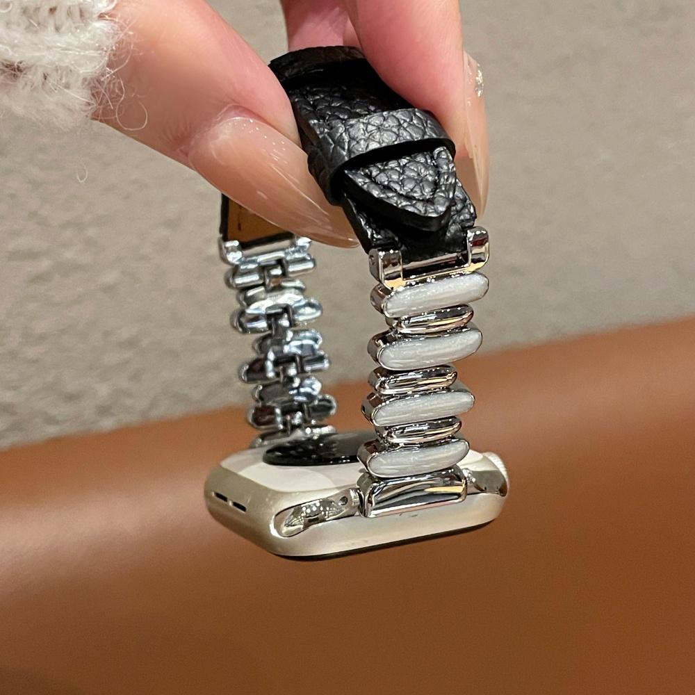 Women Luminous Moon White Beaded Lychee Grain Spliced Leather Slim Strap for Apple Watch Series12 11 10 SE1 2 3/Ultra4 3 2 38/42/44/45/49 mm