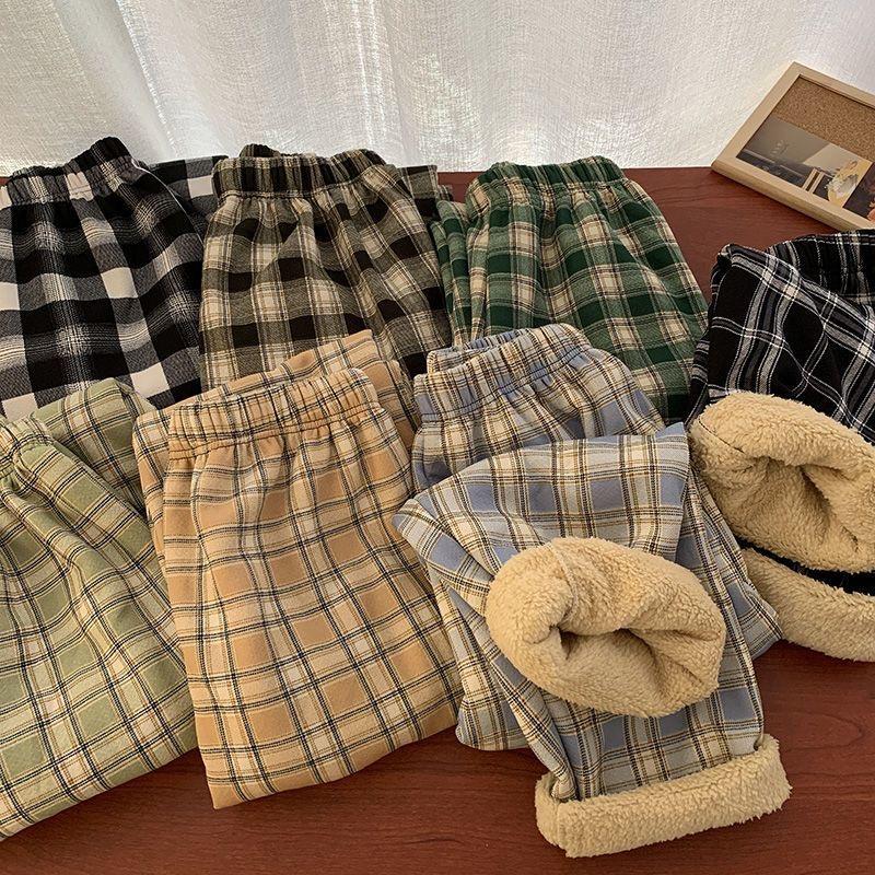 Winter Thick Plaid Pants Women Korean Fashion Warm Loose Wide Leg Trousers Student Y2K Causal High Waist Pants Outwear