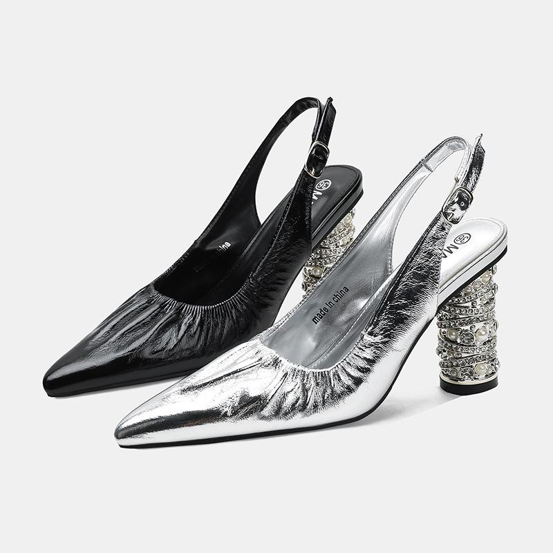 Pointed Rhinestone Leather High Heels for Women's New Models with Thick Heels. Celebrity Back Empty Bag Head Dating Catwalk Model