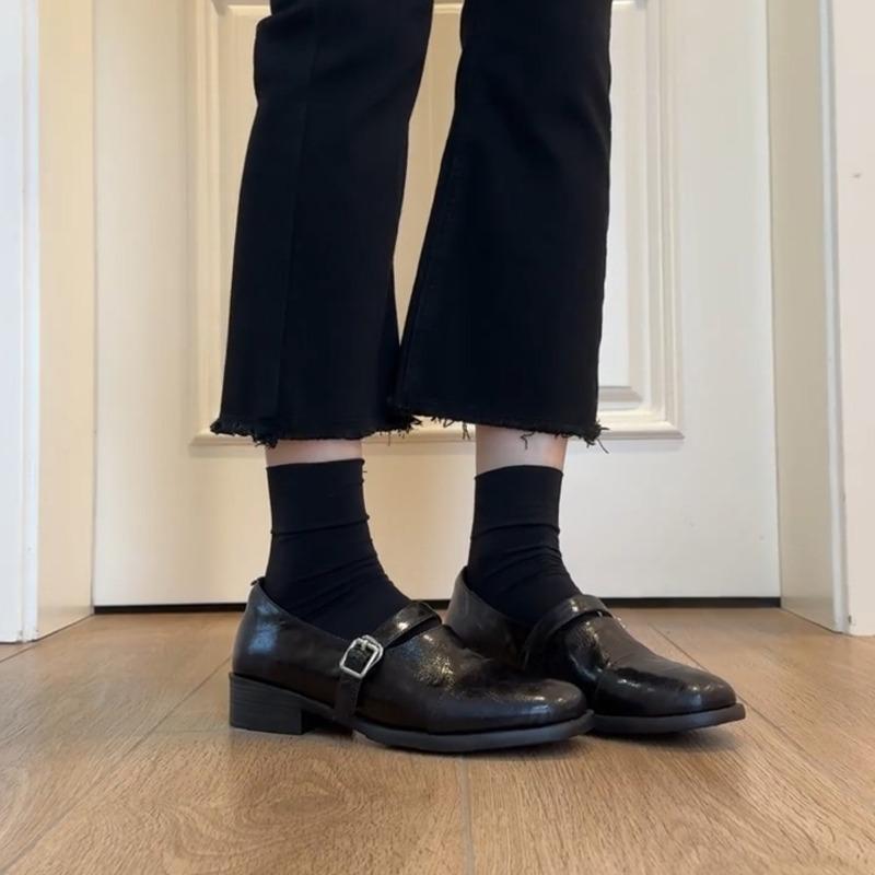 Cowhide version~ row style retro thick-soled thick-heeled small leather shoes, women's one-pedal lazy belt buckle, genuine leather