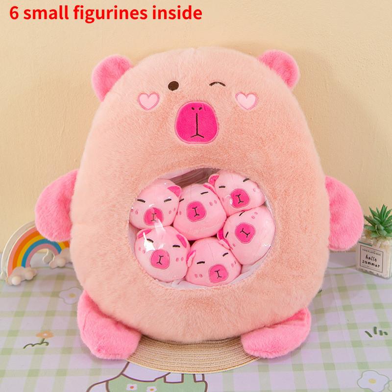 Cute Capybara Stuffed Toy Pillow Bag With Six Mini Plushies Stress-relief Dolls