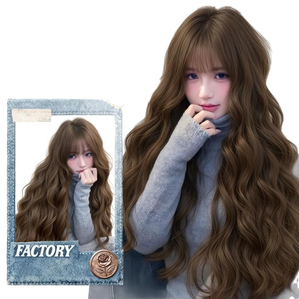 Women's Full Head Wig, Lazy Water Wave Long Curly Hair, Natural Seamless Look, Large Scalp Egg Roll Wig.