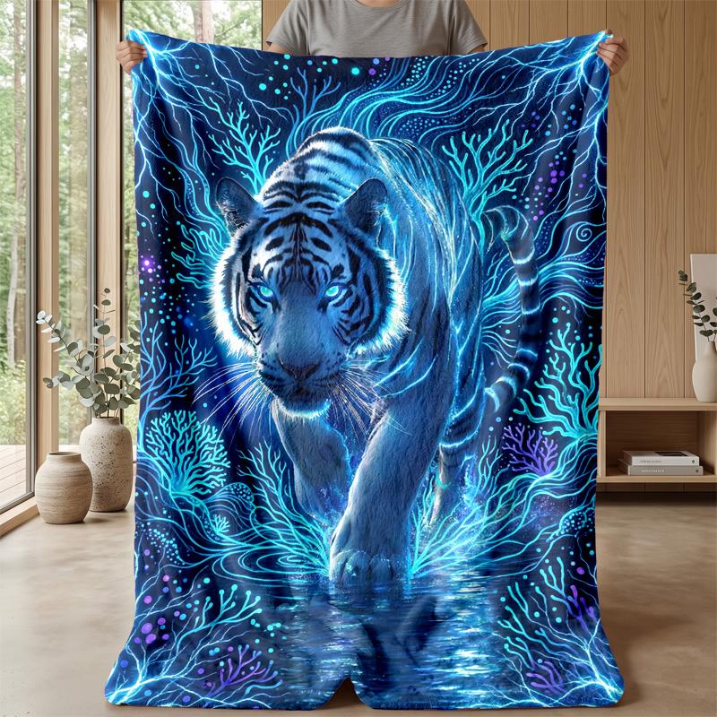 Blue Tiger Spirit Blanket Personalized Name Flannel Blanket Soft Cozy Plush Throw for Sofa Bed Lightweight Home Decor
