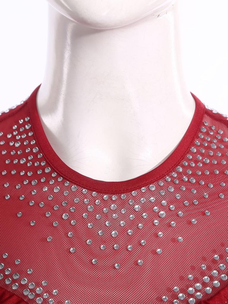 Dámský síťovaný trikot s kamínky Dlouhý rukáv Volánkové lemy Síťovaná sukně Body Šaty Jumpsuit pro krasobruslení