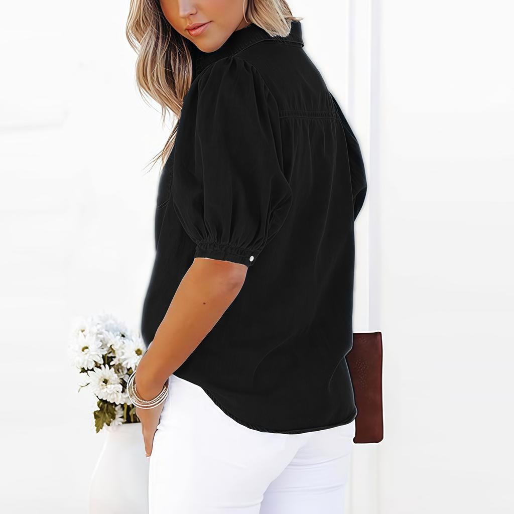 Women's Fashion Lapel Short,Sleeved Pocket Cardigan Colour Casual Shirt Top