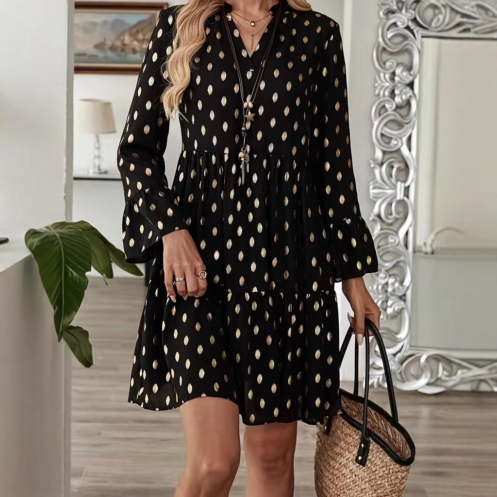 JKASHDK Women's Fashion Spring Fall Polka Dot Print Long Sleeve V-Neck Loose Waistline Casual Dresses
