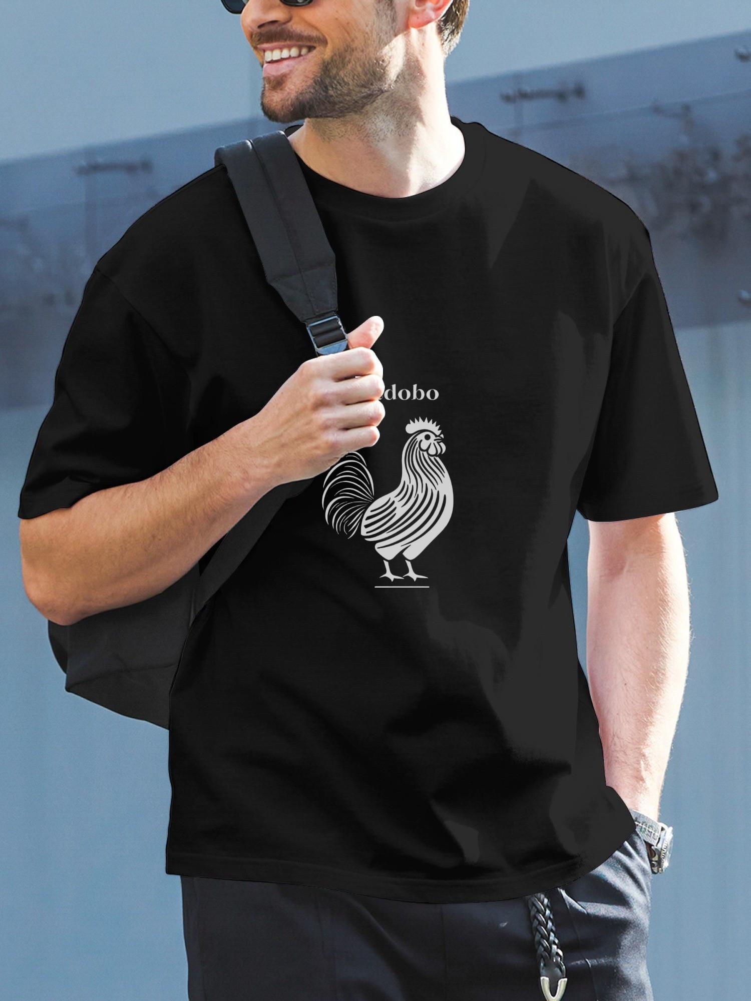 1pc Casual Crew Neck T-shirt - 180g Cotton Rooster Graphic Tee with Adobo Text S