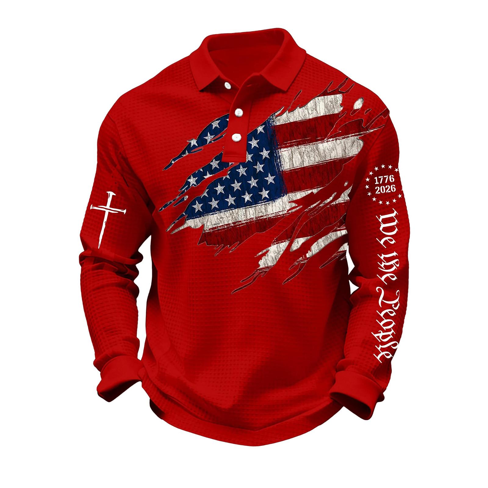 Men s 250Th Anniversary  Flag Print Casual  Fabric  Shirt Cross Patriotic Tee L