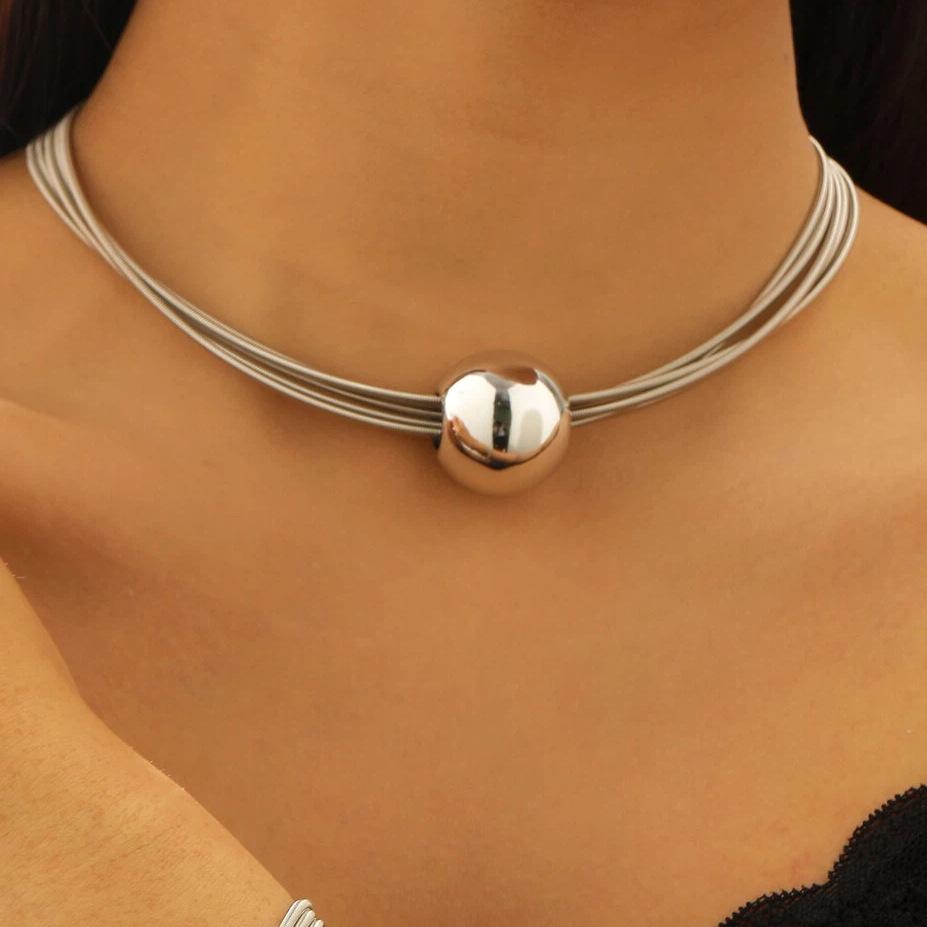 Multi Strand Choker Necklace with Central Ball Pendant Gold Tone Statement Collar for Women