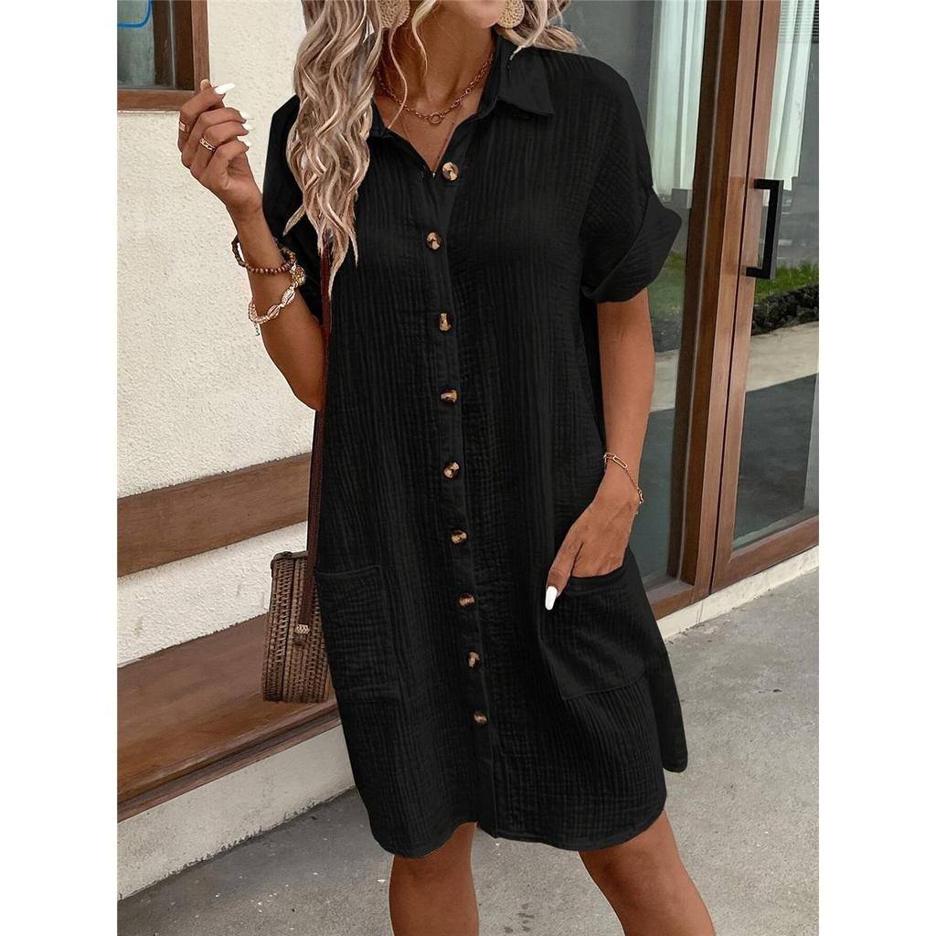 Women's Casual Plus Size Dress Solid Color Cotton Linen-breasted Mid-length Short-sleeved Lapel Loose Shirt Dress