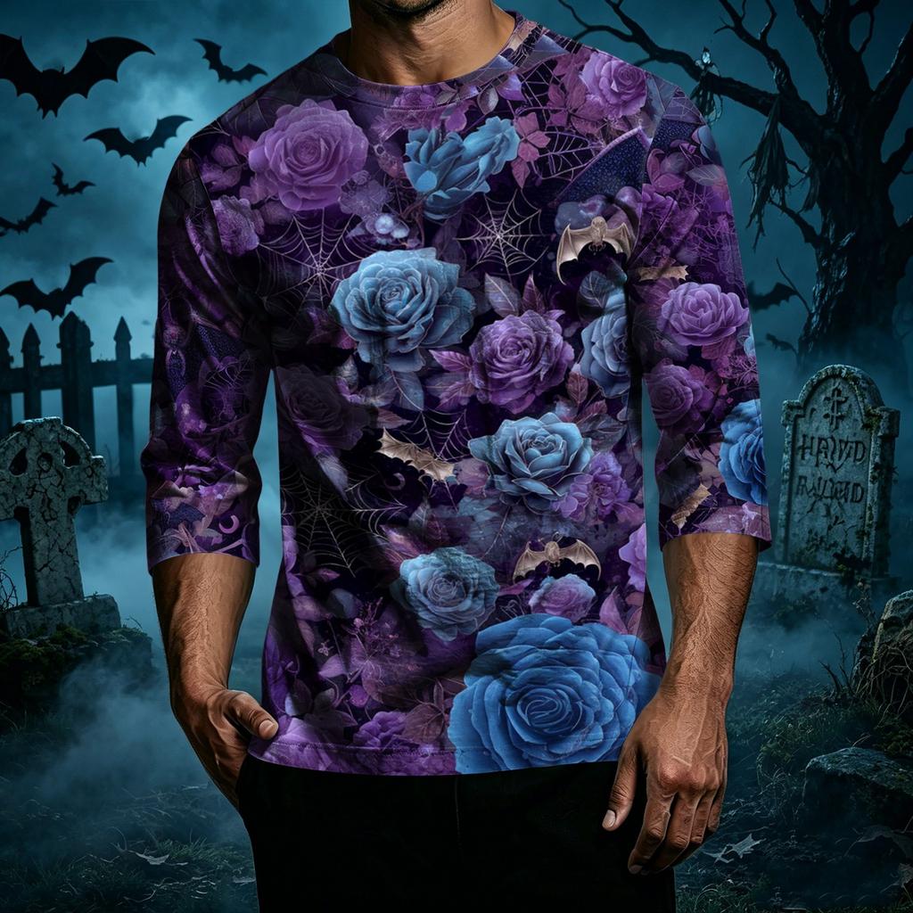 Men's Casual Halloween Print Raglan Sleeve T-Shirt Crew Neck Three Quarter Sleeve Top for Everyday Wear Comfortable Fit