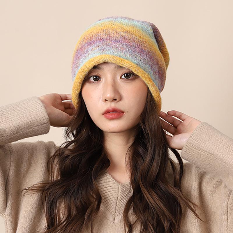 Fashion Ear Protection Gradual Change Wool Hat Showing Face Small Bag Head Stacking Hat Big Head Circumference Cold Hat Drawstring Crimping Knitted
