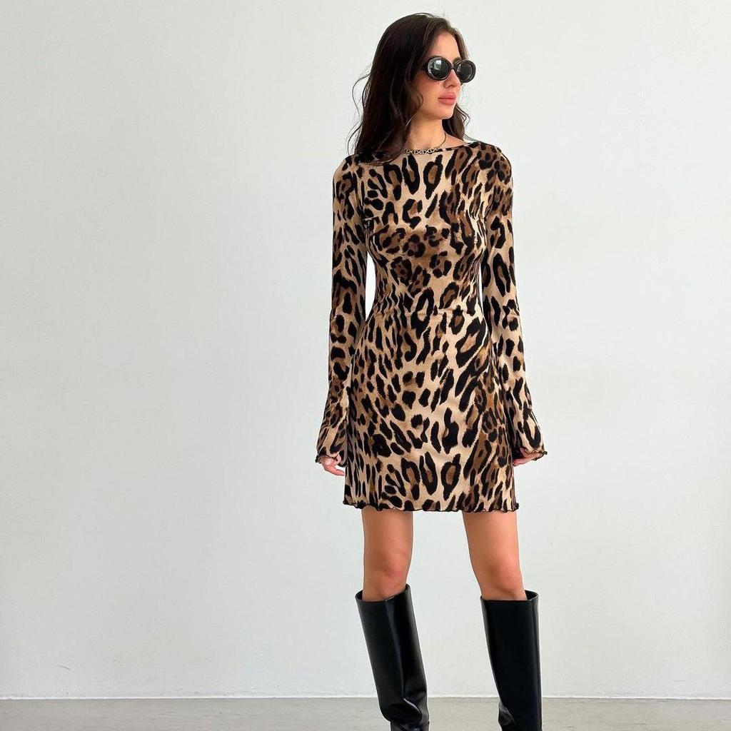 2024 European & American Women's Leopard Print High-Waisted Long-Sleeve Dress - Autumn/Winter Collection