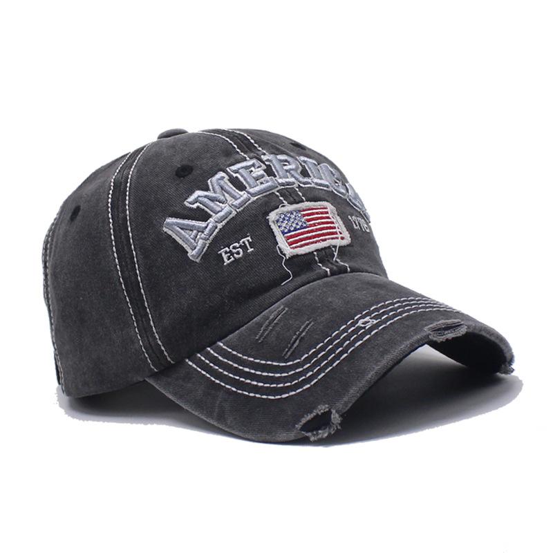 American flag alphabet baseball cap holes washed old hat men's cap