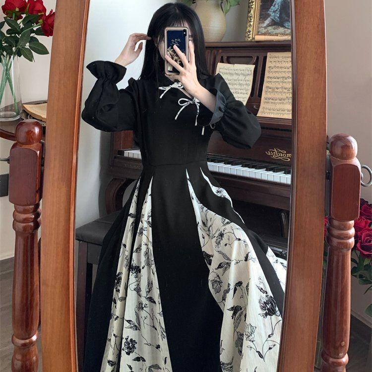Plus Size Elegant High-End Retro Chinese Long Sleeve Floral Qipao Dress for Women - Autumn