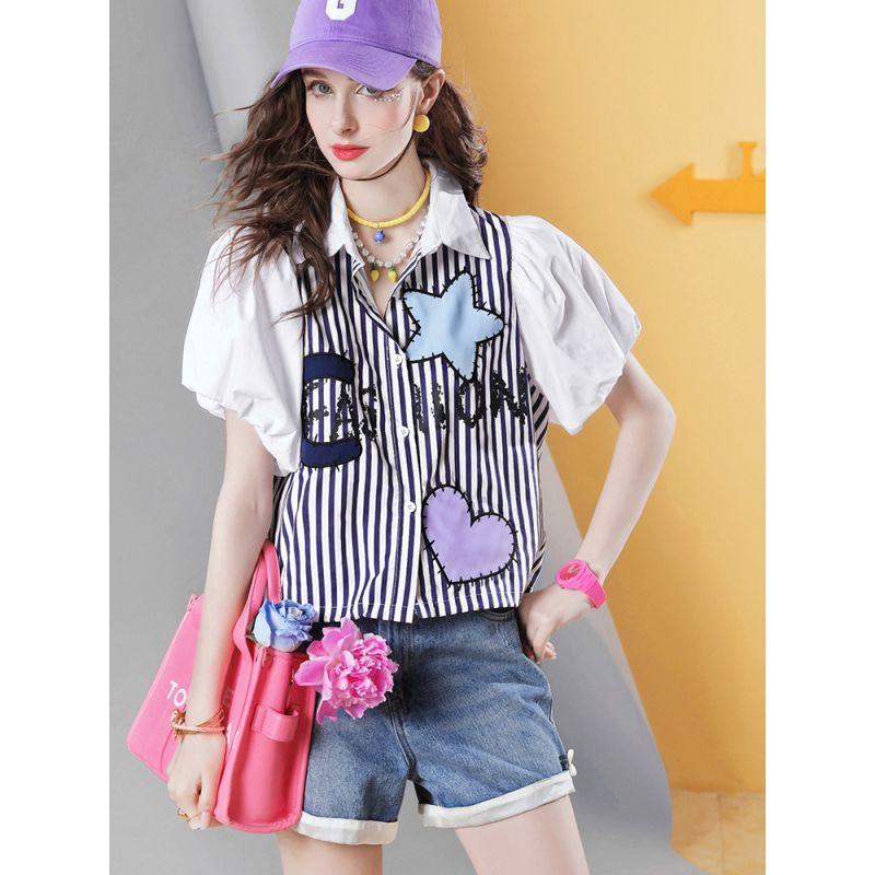 

European Goods 2024 Summer New Arrival Striped Short Style Small Shirt Women s Top Puff Sleeves Temperament Shirt Trendy K411 Dark blue In Stock M