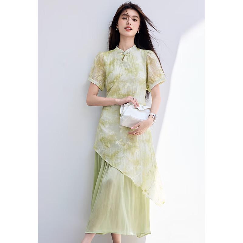 VICTORIA&VERA Summer New Chinese Style Embroidered Faux Two-Piece Cheongsam Midi Dress