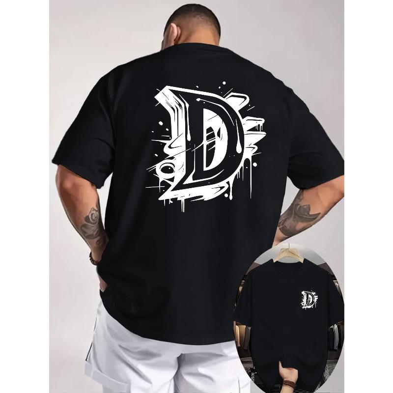 

European Size Graffiti Letter D T-Shirt, Distressed Drip Ink Letter D Front and Back Print, American Street Style Design, Suitable for Trendy Youth S чёрный
