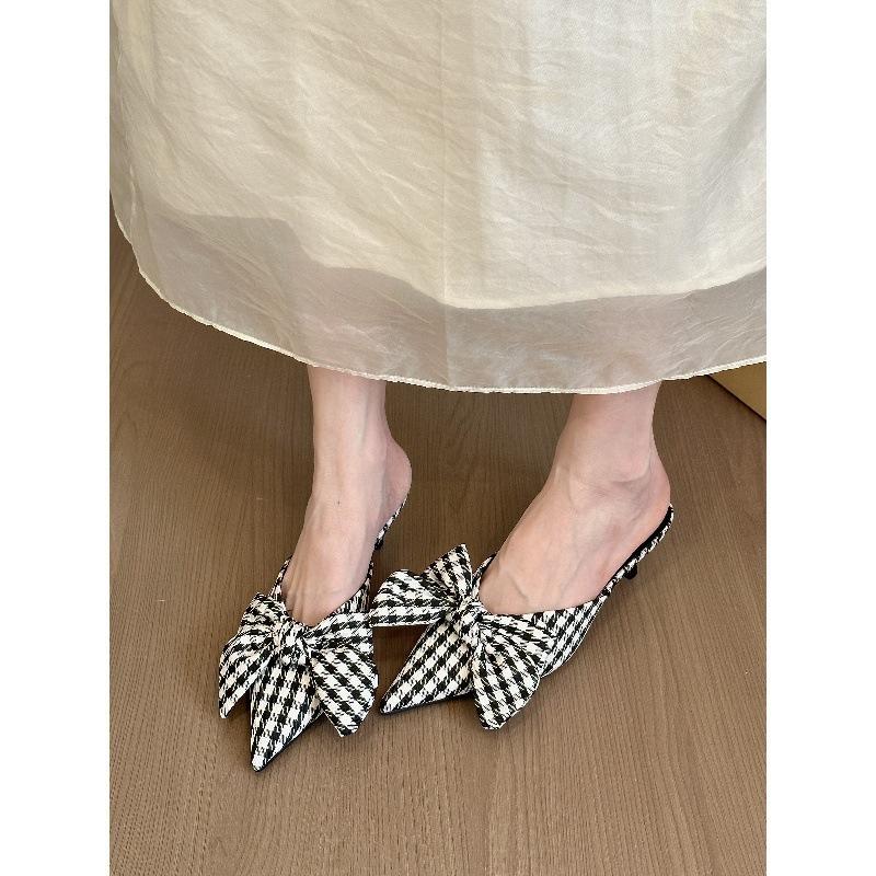 First Encounter Season Temperament Suede Pointed Head Bow Baotou Half Slippers Women'S Spring Cat And Sandals