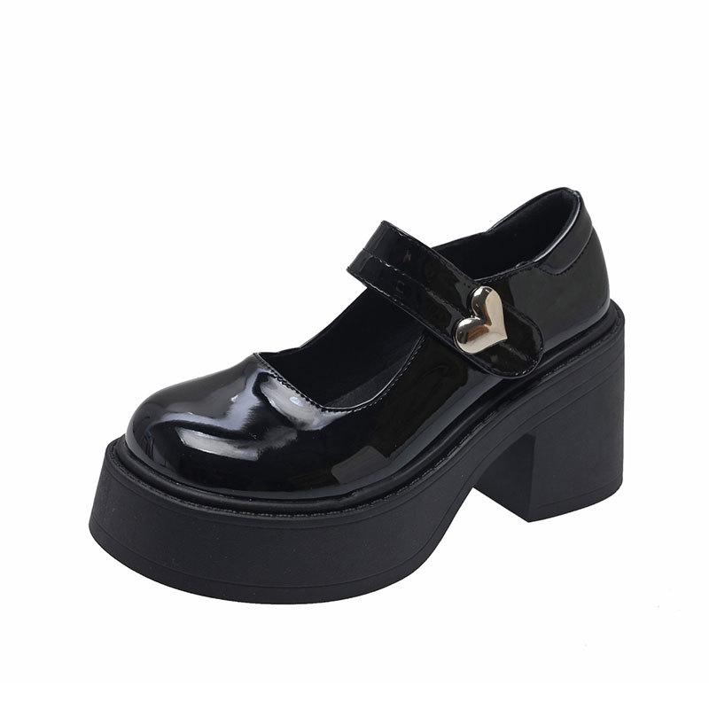 Französische schwarze Plateau-Pumps mit dickem Absatz Damen Herbst neue erhöhende Mary Jane Schuhe kurze Le High Heels