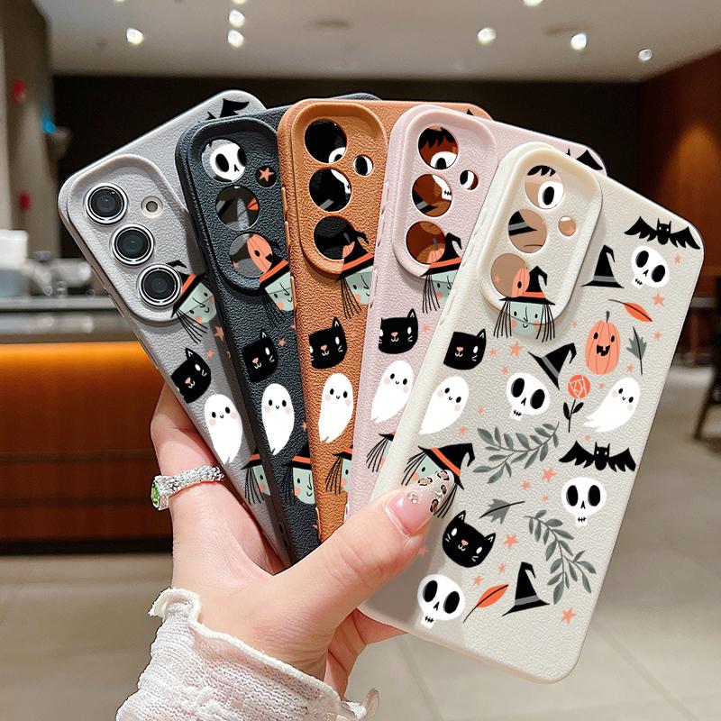 Ghost Pumpkin Pattern Phone Case For Samsung Galaxy S25 S24 S22 Ultra S23 S24 FE A17 A56 A16 A36 A26 A55 A15 A25 A54 5G Leather Texture TPU Shockproof