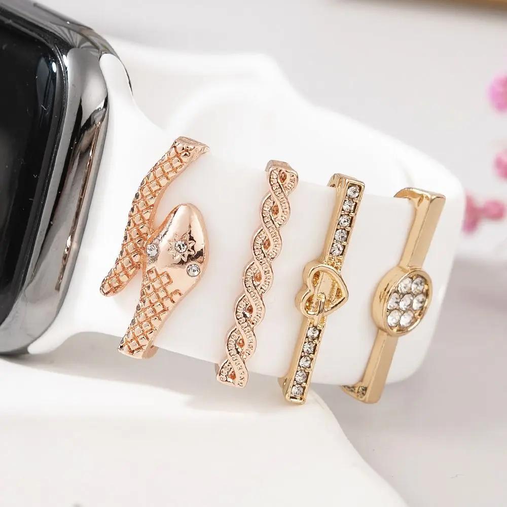 4Pcs Watch Band Ornament for Apple Watch Band Fashion Flower Heart-shaped Decor Ring for Iwatch Strap Accessory Wristbelt Charms
