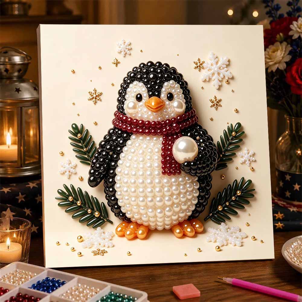 Framed Pearl Painting Kit DIY with Winter Penguin Scarf Design 3D Shiny Bead Art Canvas Ready to Display Elegant Home Decor Gift Idea