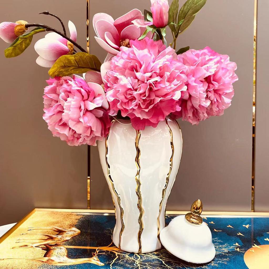 Ceramic General Jar Electroplated Gold Plaid Artwork Storage Jar Home Decor Hotel Display Vase Dry Dried Flowe Vase With lid