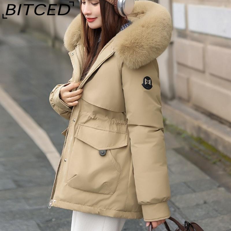 BITCED Women's Winter Slimming Down Jacket with Fashionable Fleece Lining and Thick Fur Trim