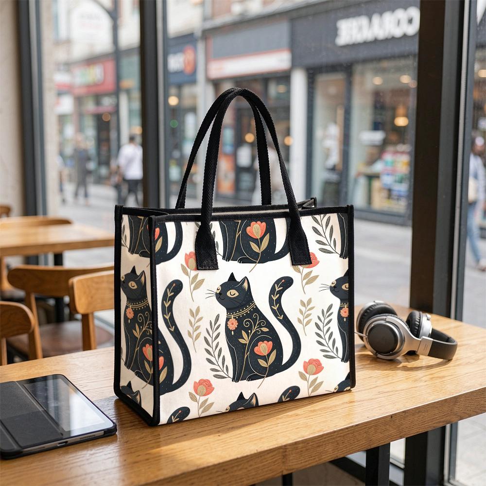 Folk Black Cat Pattern Tote Bag Daily Large Capacity Durable Casual Shopping Shoulder Handbag