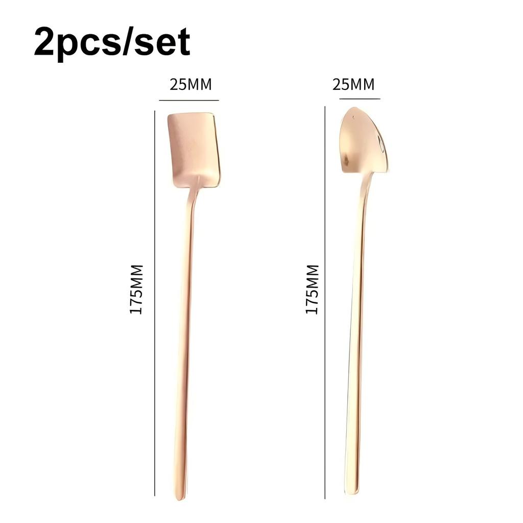2pcs/set 304 Stainless Steel Long Handled Spoon Household Shovel Shaped Dessert Spoon Coffee Mixing Spoon