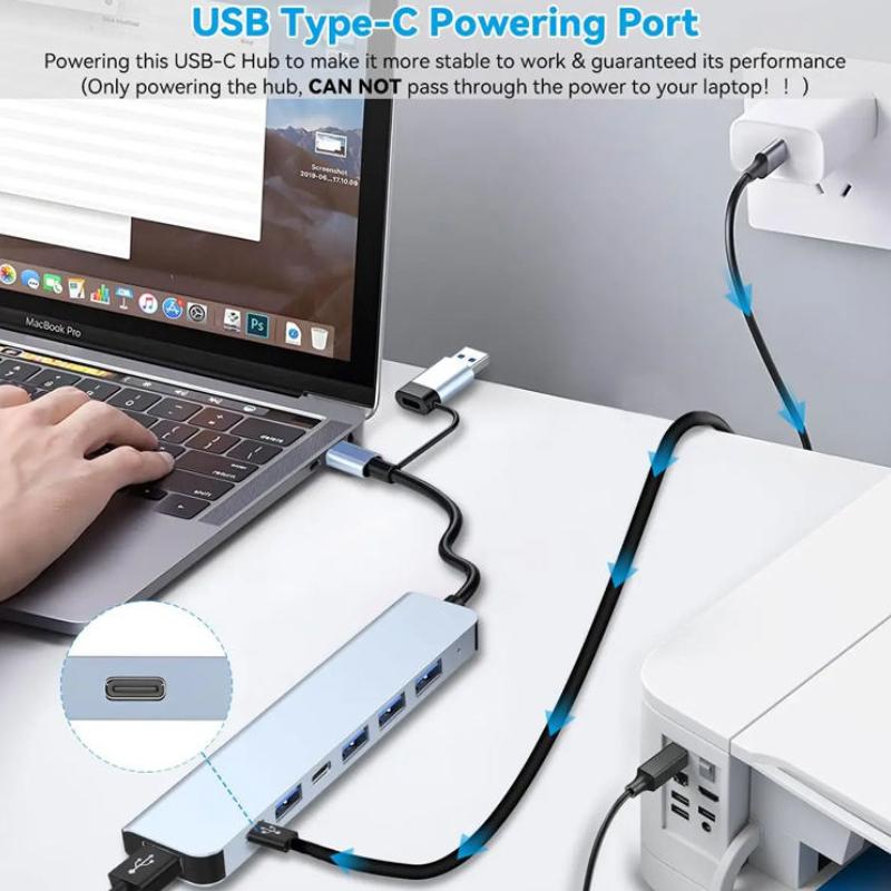 7/8Port USB C Hub Expander Multiport Adapter TypeC Splitter Dock USB3.0 Port for Xiaomi Phone Tablet Fast Data Transfer Charging