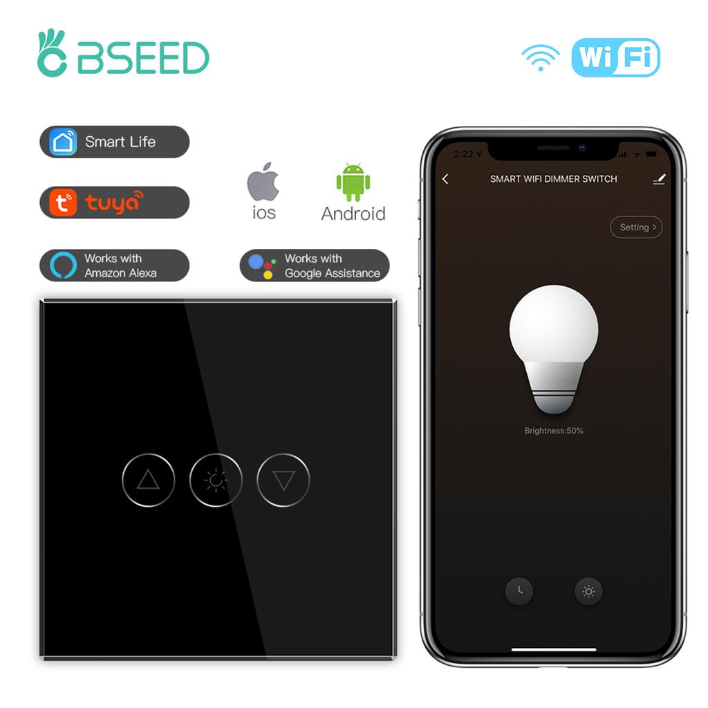 BSEED Wifi Smart Dimmer Switches Tuya Smart Life Goolgle Home Control Plus Normal Type-c USB EU Socket Glass Panel Black