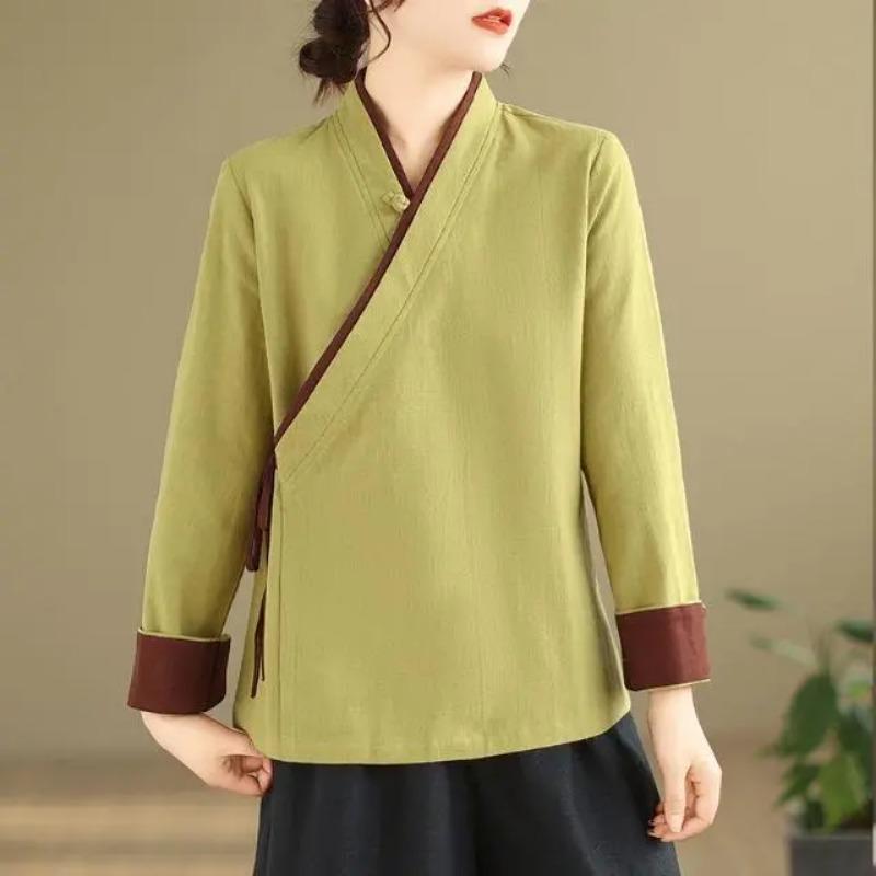 

Womens Beige Wrap Blouse Casual V Neck Linen Blend Chinese Style Tie Front Top M жёлтый
