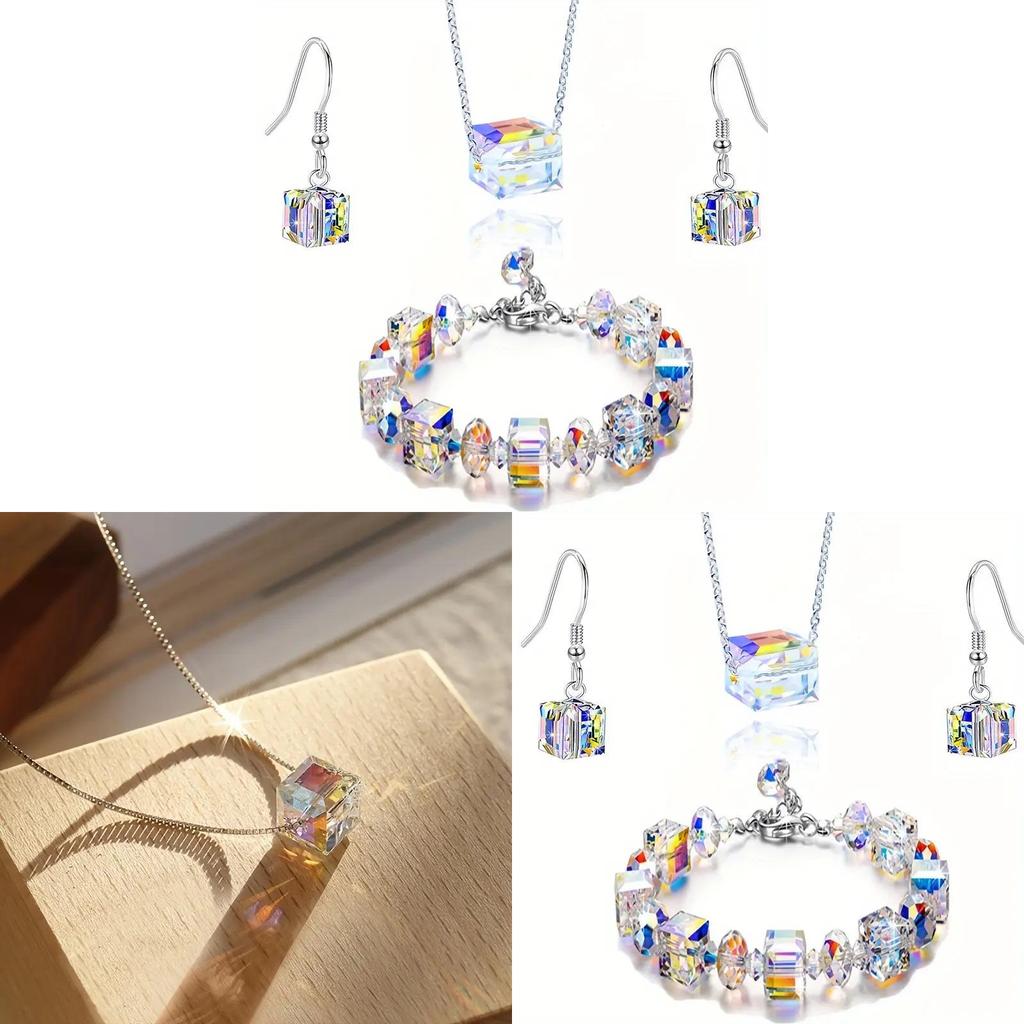 Ensemble Collier et Boucles d'Oreilles Cristal Géométrique Couleur Aurore Pour la Mode Féminine