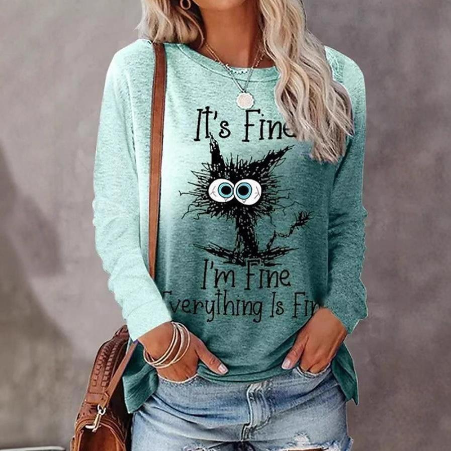 Spring and Autumn Round Neck 3D Cat Printed Top Fashionable Casual Long Sleeved Women's T-shirts