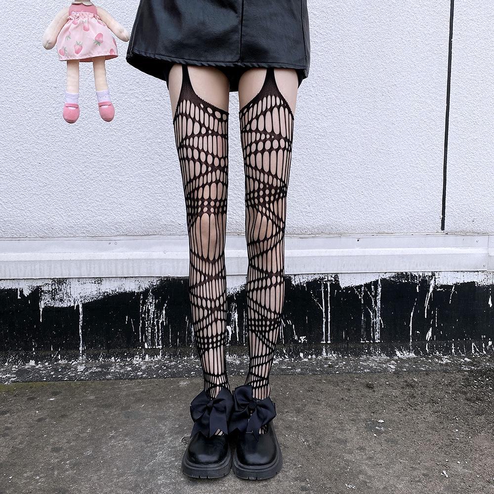 Japanese Style Sheer Black One-Piece Lace Garter Stockings with Open Crotch and Non-Slip Design
