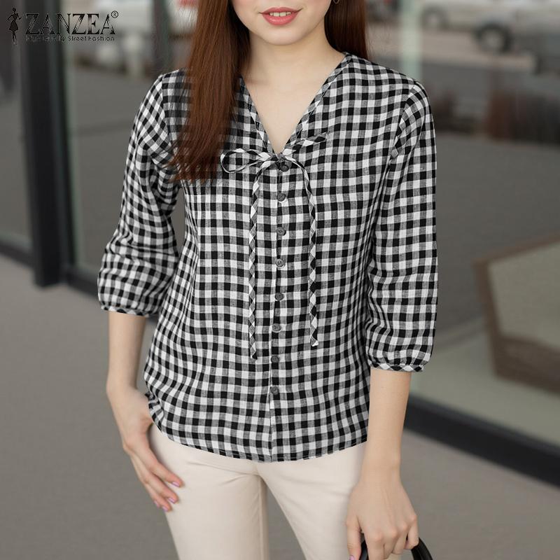 ZANZEA Blusa Casual da Donna con Scollo a V Maniche 3/4 Ampi Stampa a Quadri