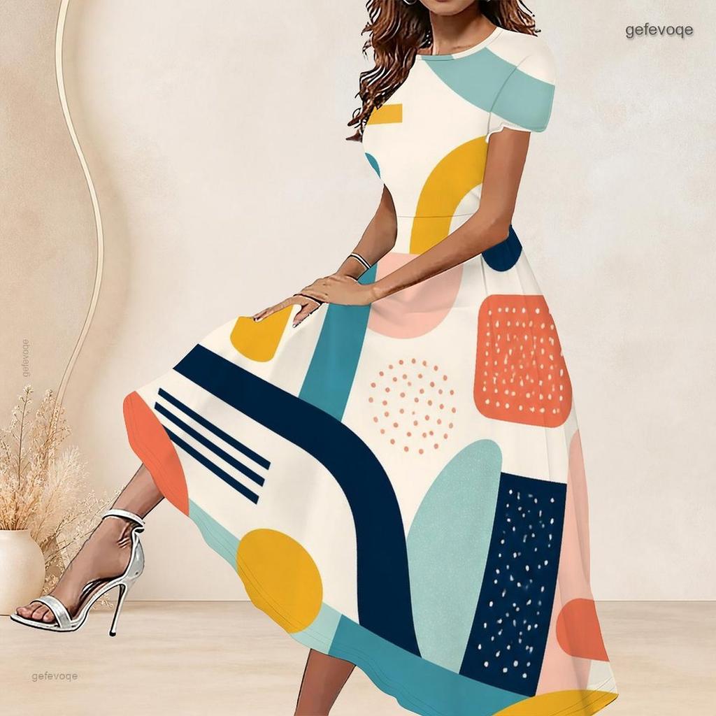 Women Plus Size Round Neck Short Sleeve Grey Black Printed A Line Long Dress