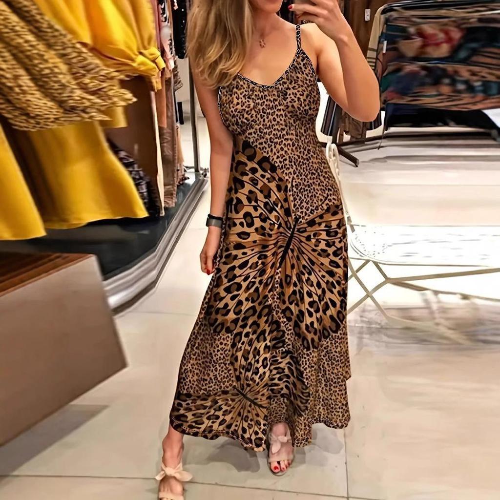 Trendy 2025 Women's Leopard & Butterfly Print Spaghetti Strap V-Neck Maxi Dress