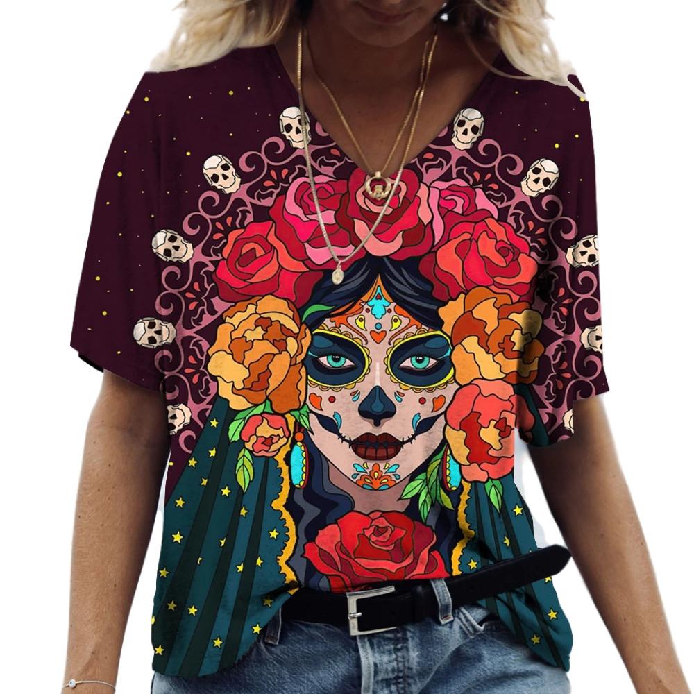 

Летняя женская футболка с ретро-черепом и 3D-принтом, рубашка с V-образным вырезом, короткий рукав, пуловер 4XL