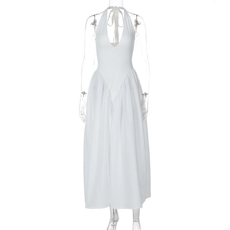 

Deep V Hollow Hanging Neck Hem Dress Deep V-neck Hollow-out Halterneck Hem Skirt Dress White L