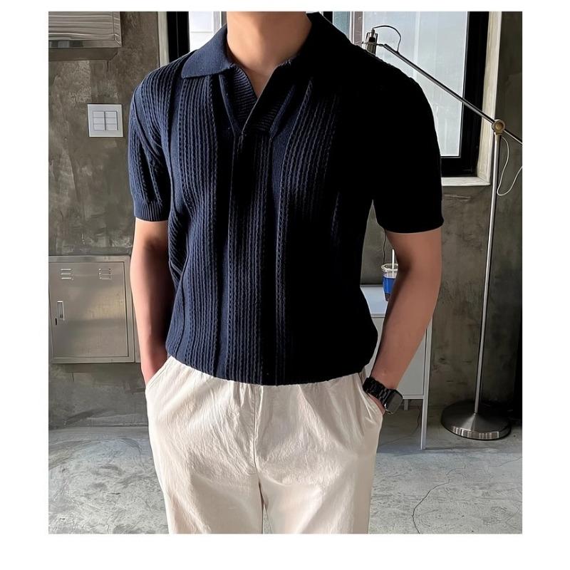 Men S Knitted Polo Shirt Short Sleeve Hollow Out Ice Silk Summer Old Money Style