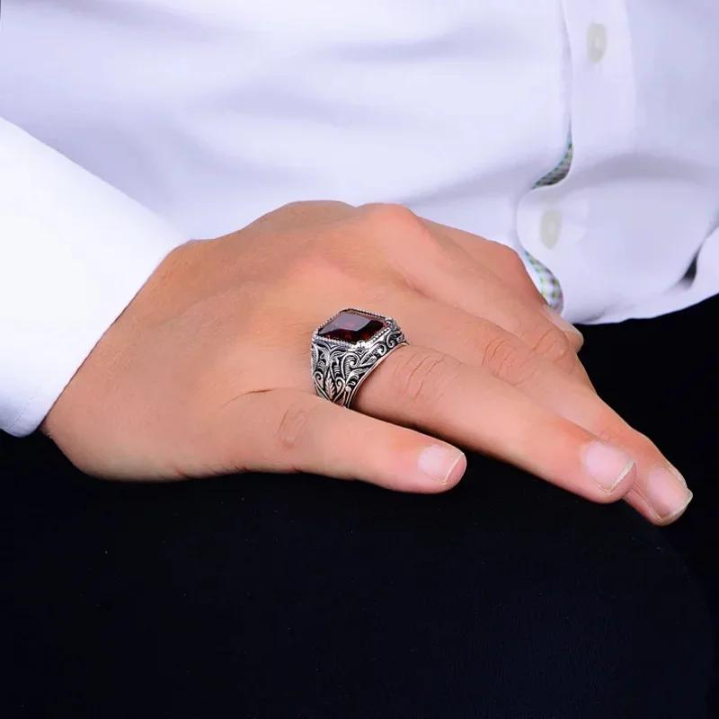 New Vintage Handmade Turkish Signet Ring for Men Women Ancient Silver Color Carved Ring Red Yellow Zircon Inlay Punk Motor Biker